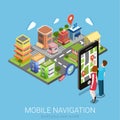 Flat isometric vector mobile navigation: GPS map city smartphone