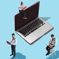 Flat isometric view of businessmen and woman showing at laptop with empty screen.