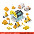 Flat isometric warehouse delivery transport infographic