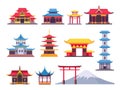 Flat japanese buildings, ancient pagoda and cultural landmark. Asian mountain fuji. Chinese towers, temples and