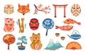 Flat japanese elements. Traveling symbols japan, cute travel elements. Tea, mountain and traditional sakura. Neko cats