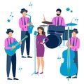 Flat Jazz music in minimalist style. The band performs on stage. Musical instruments. Cartoon raster