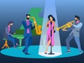 Flat Jazz music in minimalist style. The band performs on stage. Musical instruments. Cartoon Vector