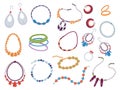 Flat jewelry collection. Vintage beads, necklace and chain. Fashion earrings and bracelets, flat jewelries and