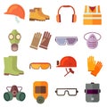 Flat job safety equipment vector icons set Royalty Free Stock Photo