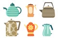 Flat kettles set, kitchen utensils, hot tea drink Royalty Free Stock Photo