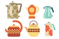 Flat kettles set, kitchen utensils, hot tea drink Royalty Free Stock Photo