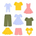 Flat kids clothes set. Children outfit fashion collection. Dress, pants and t-shirt Royalty Free Stock Photo
