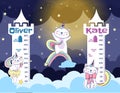 Flat kids height chart or growth wall meter with cute caticorn