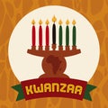 Flat Kinara Icon with Lighted Candles and Ribbon, Vector Illustration Royalty Free Stock Photo