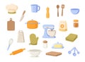 Flat kitchen and baking utensils set with cookware, tools and accessories. Clean minimal illustration for cooking, food prep, Royalty Free Stock Photo