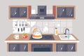 Flat kitchen equipment with knife, exhaust hood, oven, washer, teapot.