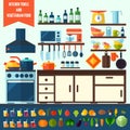 Flat kitchen and vegetarian cooking icons.