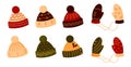 Flat knitted hat mitten headwear xmas vector set