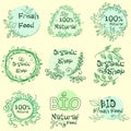 Flat label collection of 100 organic product and premium quality natural food badge elements. Isolated on white background. design Royalty Free Stock Photo