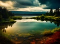 Flat lake with deciduous trees cinematic storm.