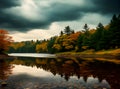 Flat lake stormy skies cinematic deciduous palette.