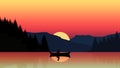Flat landscape illustration,mountain with trees,lake and fishermen boat Royalty Free Stock Photo
