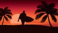 Flat landscape illustration,surfing on sunset Royalty Free Stock Photo