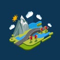 Flat landscape isometric concept nature with mountains, bridge and river.