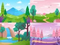 Flat landscape. Summer field nature, forest fauna and waterfall landscapes. Mountains and cloudy sky vector background