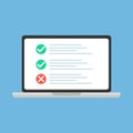Flat laptop with list. Checklist and tick on laptop screen.