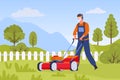 Flat lawn mower service worker character in garden. Man with lawnmower cutting green grass. Back yard maintenance and Royalty Free Stock Photo