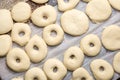 Flat lay above raw donuts dough ready for frying Royalty Free Stock Photo