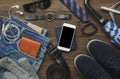 Flat lay of accessories fashion men clothing with technology concept Royalty Free Stock Photo