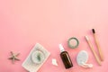 Flat lay accessories for hygiene and body care: soap, pumice stone, toothbrushes, face tonic, himalayan salt Royalty Free Stock Photo