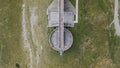 Overhead aerial drone shot view of red brick Chapel on top of Monte Tamaro Royalty Free Stock Photo