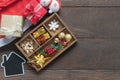 Flat lay aerial image of accessories Merry Christmas & Happy new year festival background concept. Variety beautiful decoration. Royalty Free Stock Photo