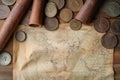 A flat lay of ancient coins and maps on a light wooden surface Royalty Free Stock Photo