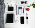 Flat lay: Apple products on black and white background