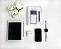 Flat lay: Apple products on black and white background