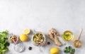 Flat lay aroma a glass of herbal tea with lemon, ginger, honey and mint on a light background Royalty Free Stock Photo