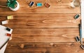 Flat lay Art designer workspace . Creative top view with copy space on a wooden table. Paint, brush, sketchbook