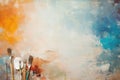 flat lay of artistic paints, brushes, palette knife scattered on canvas textured background Royalty Free Stock Photo