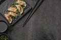 flat lay asian dumplings dish slate with copy space. High quality beautiful photo concept Royalty Free Stock Photo