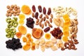 a flat lay of an assortment of dried fruits on a white background Royalty Free Stock Photo