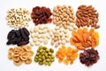 a flat lay of an assortment of dried fruits on a white background