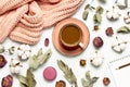 Flat lay autumn composition. Cup of coffee pink knitted women`s sweater or warm plaid cotton flowers dry rose eucalyptus macaroon Royalty Free Stock Photo