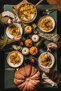 Flat-lay of Autumn dinner for gathering or Thanksgiving Day celebration