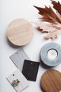 Flat lay of autumn grey and warm tone interior finishes Royalty Free Stock Photo