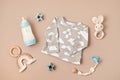 Flat lay with baby sleep accessories. Newborn sleeping rules concept Royalty Free Stock Photo