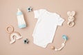 Flat lay with baby sleep accessories. Newborn sleeping rules concept Royalty Free Stock Photo