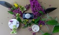 Flat lay background of black, silver tube, clear water bottle, creame box and soap with flower on cartoon desk. Product placement