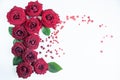 Flat Lay Background, flower pattern, Valentine`s Day, the theme of lovers. Red roses on a white background, isolated.