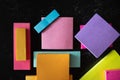 Flat lay background multiple stacks of colorful sticky notes blank posted notes Royalty Free Stock Photo