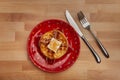 Flat lay background plate with freshly baked homemade breakfest waffle